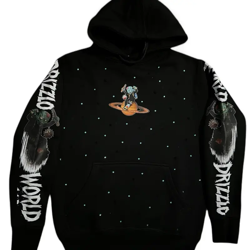 DrizzloWorld Y2K Zombie Skater Hoodie DrizzloWorld Streetwear Graphic Pullover with Celestial Design and Side Sleeves movie lover gift