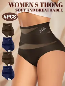 4-Pack Women's Plus Size High-Waisted Underwear, Comfortable Belly Control, Slim, Fit, Breathable Mesh, Elegant Triangle Panties, All Seasons