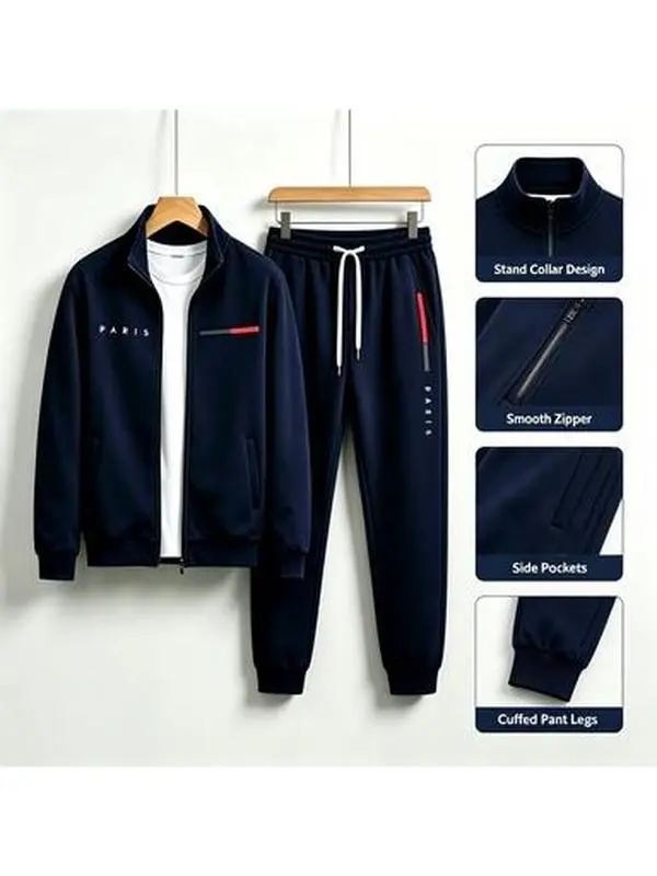 Men 2 Piece Tracksuit Set Paris Letter Print Full Zip Stand Collar Sweat Jacket Elastic Drawstring Waist Jogging Pants Casual Sports Sweatsuit For Daily Workout