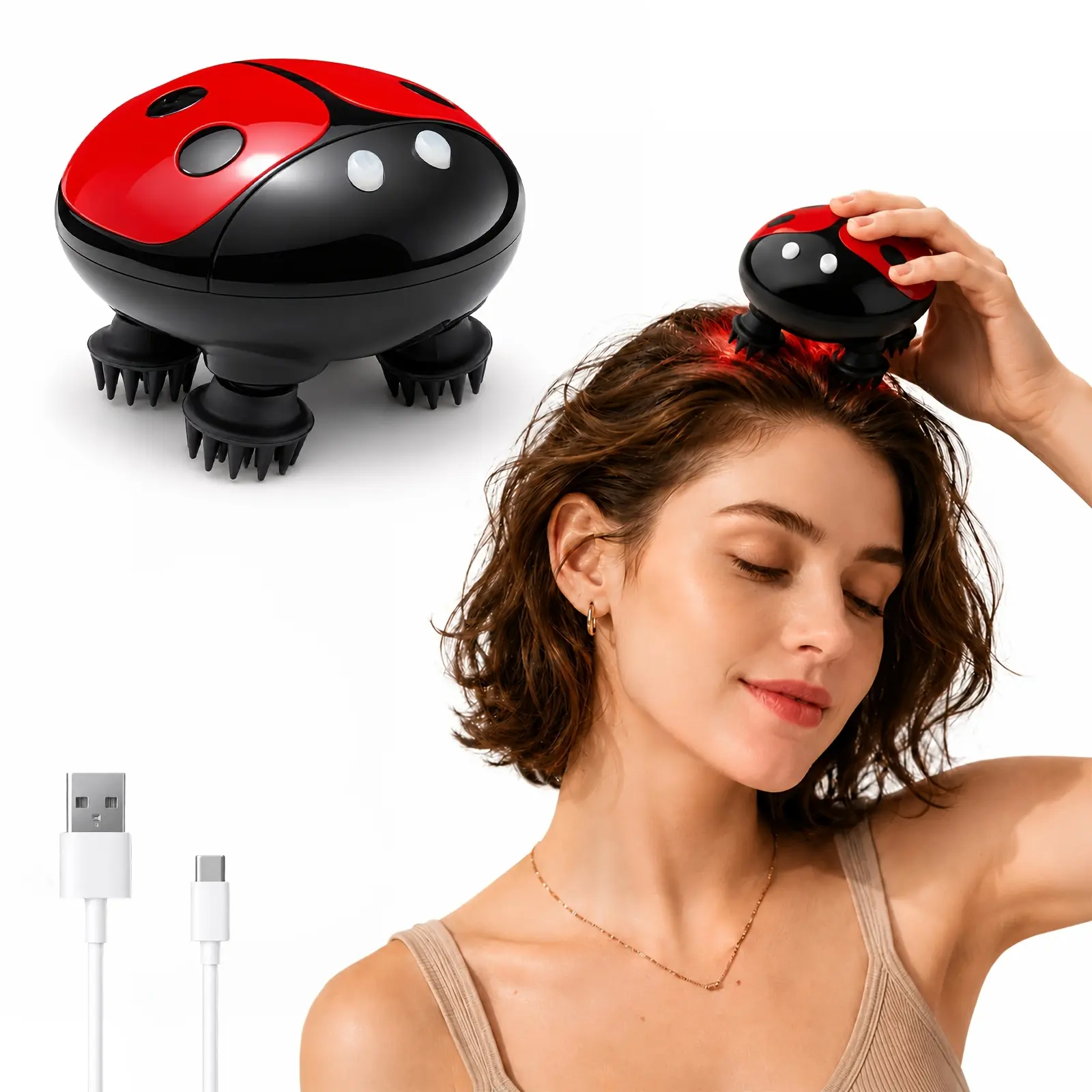 Cordless Scalp Massager, Electric Scalp Massager , Ladybug Head Massage Brush with Red Light, EMS, 3 Kneading Modes, Food-Grade Silicone Claws and Type-C Charging for Daily Scalp Care