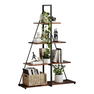 4 Tier Ladder Shelf Bookcase with Metal Frame and Wood Shelves, Slim Industrial Corner Bookshelf for Living Room Bedroom Office, Space Saving A Shape Storage Unit Display Rack in Rustic Brown and Black