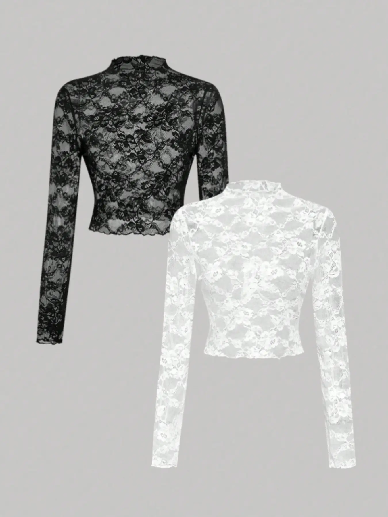 Trendy two-piece women's lace see-through long-sleeved black and white top Blouse, perfect for parties, elegant, gothic, and fashionable styles.