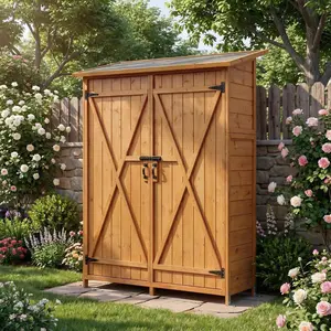 Wooden Outdoor Storage Cabinet with 2 Shelves, Lockable Doors & Floor & Roof - Tall Waterproof Garden Tool Shed for Patio, Backyard, Deck, Lawn Organization & Large Storage