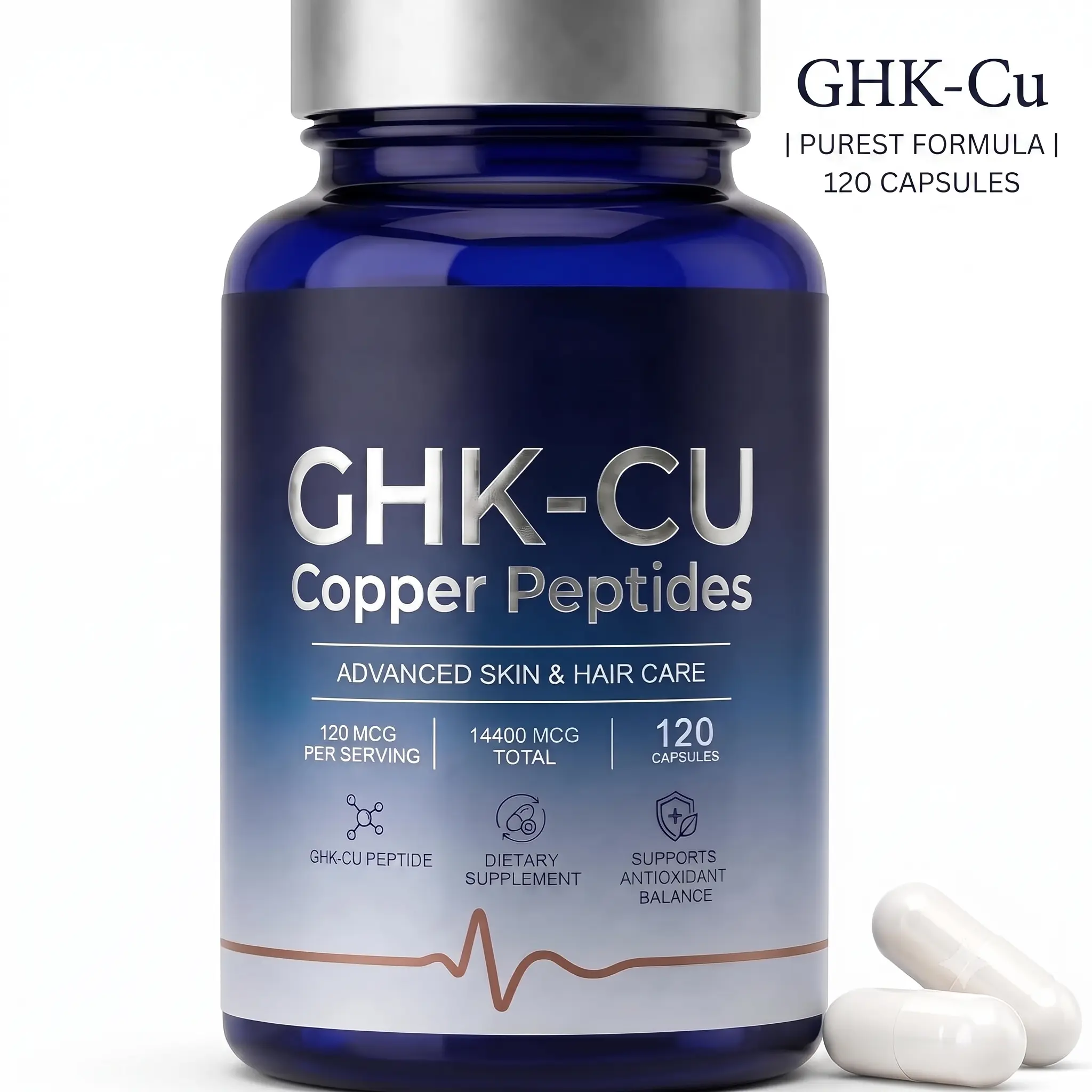 GHK-Cu Copper Peptide Mineral Supplements, 120mcg High Purity Capsule Mineral Supplements for Skin Elasticity & Repair, Hair Health Support, Non-GMO 120 Vegan Capsules