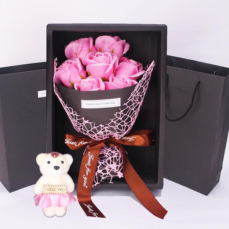 Realistic Flower Gift Box Set, Lifelike Artificial Flower, 7-Rose Bouquet with Bear Design, Creative Gift Idea for Valentine's Day, Mother's Day & Christmas