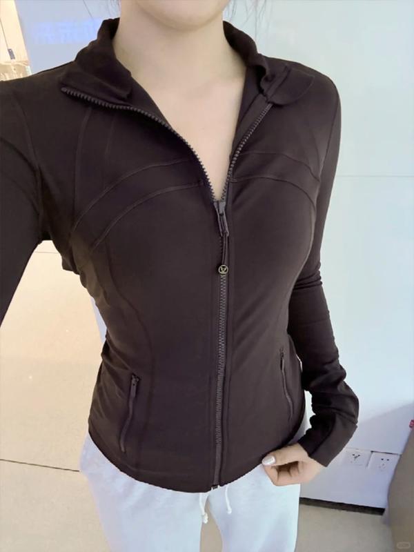Spring Stand Collar Zipper Yoga Jacket for Women, Slim Fit Outdoor Running Sports Gym Jacket, Casual Fashion Outerwear