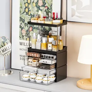 3 Pack Counter Top Organizer Bathroom,Large 6 Drawers Make Up Organizer and Vanity Shelf Organizer for Face Product,Skincare,Beauty Products,Cologne Perfume,Makeup and Toiletry Organizer,Black