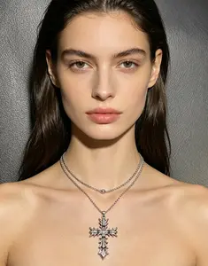 Antique Silver Engraved Thorn Floral Cross Pendant, Gothic Punk Religious Amulet Necklace with Adjustable Wheat Chain