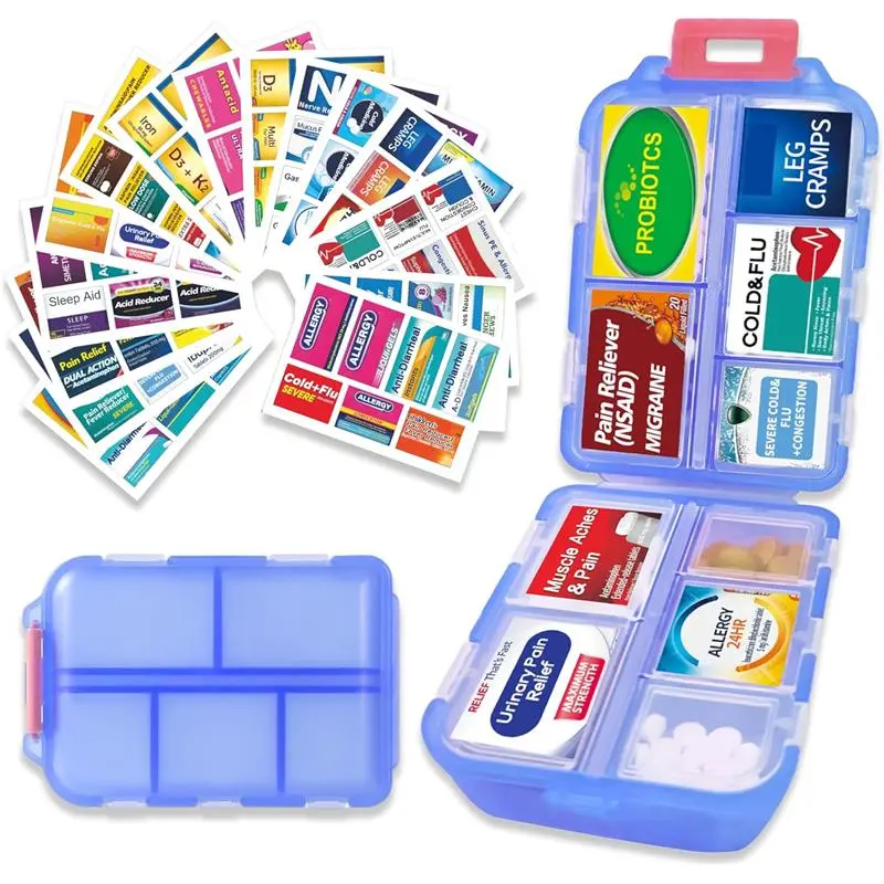 Large Pill Organizer with 161 Medicine Labels Travel Daily Pill Container Mini Medication Organizer Storage Pill Organizer Pill Case 7 Day (Blue)
