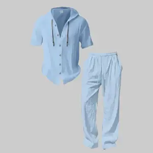 European/American men’s casual linen loose fit American-style short-sleeve shirt + long pants, simple two-piece set with coordinated matching shirt and pants, ideal for vacations and home wear