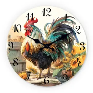 Rooster & Sunflower Wooden Construction Wall Clock, Silent Operation 10-14 Inch Battery Operated, Ideal for Living Room Bedroom Office, Decor, Valentine's Day Festival Ramadan