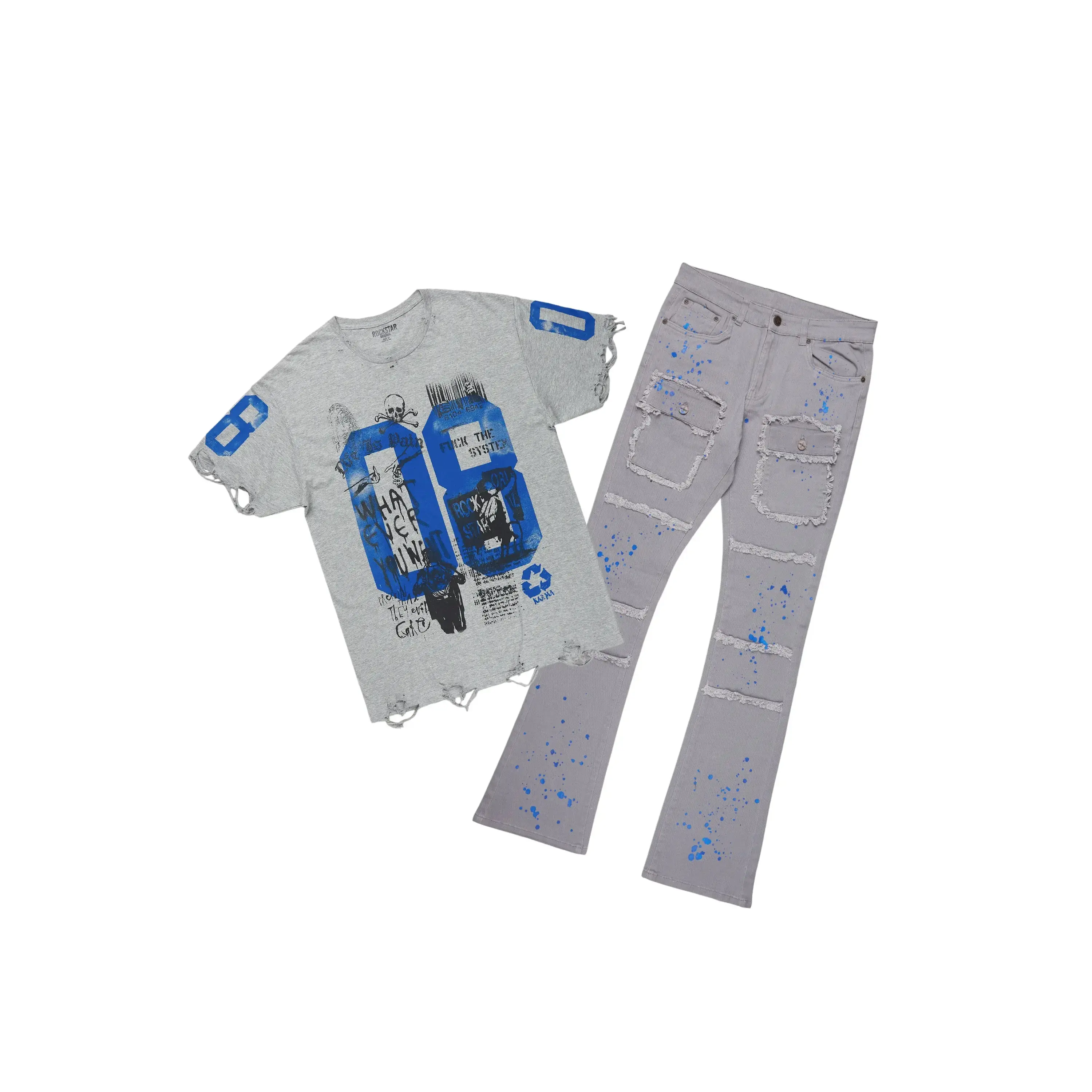 Grill Grey Oversized T-Shirt/Stacked Flare Cargo Jean Bundle