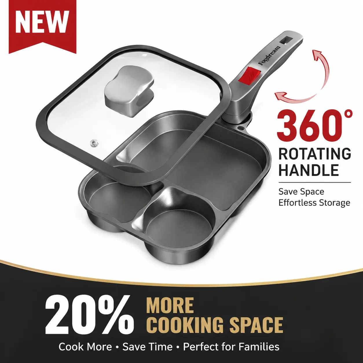 Fogdream 360° Twist Handle  Non-stick Multi-Functional Pan, Large Capacity, Quick Cooking, Sartén with Lid Perfect for Breakfast/Pancake/Hamburger, Be Placed in Any Corner of the Kitchen,Hybrid Cookware, Dishwasher Safe, Space Saving, Easy to Clean