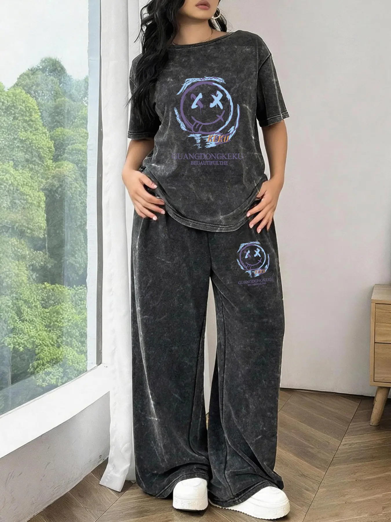 Spring and Summer Sports Plus Size Two-piece Set, Tie-dye Washed Short Sleeve T-shirt and Wide-leg Pants, Women's Jogging Outfit, Sportswear Set, Athleisure Sportswear Set, Athleisure Activewear Clothing, Sporty Round Neck