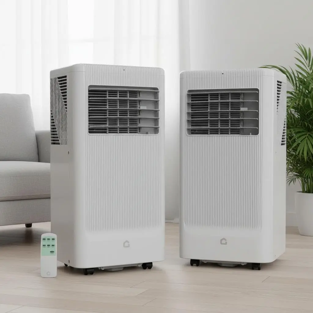 Set of 2 portable air conditioners, 8000 BTU, 4 functions in 1: cooling, dehumidifying, fan and sleep mode, 3 speeds, cools up to 32 m², remote control and window kit