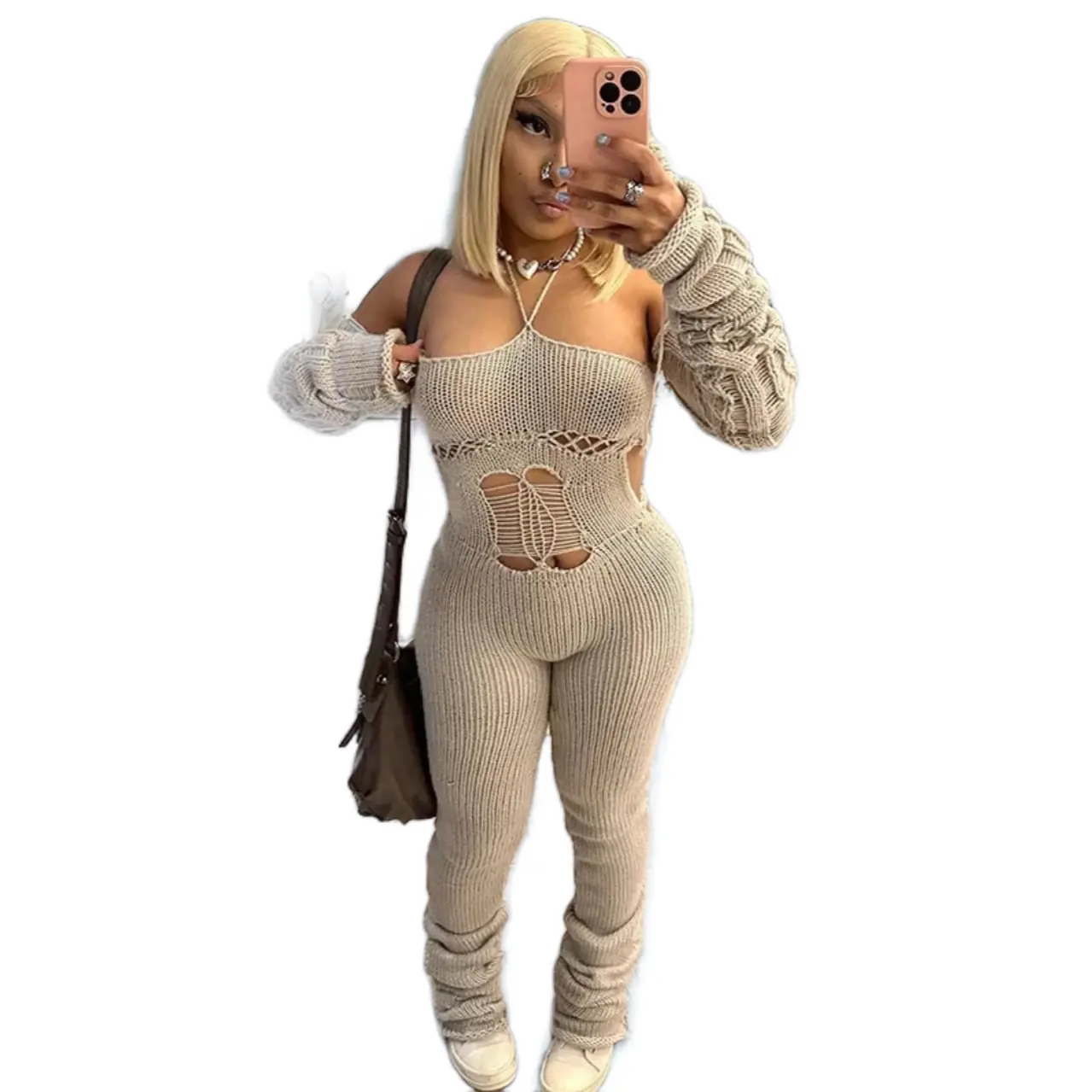 fashion autumn knitted sweater bodycon casual hollow out off shoulder long sleeve stacked jumpsuit sexy women Comfort Fit Outfit Womenswear