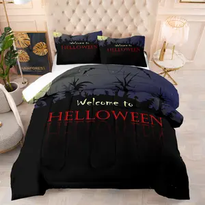 Halloween Comforter Set, Welcome Halloween Letter Design, Forest Pattern, Perfect for Kids Youth Adults Bedroom Decor Gift