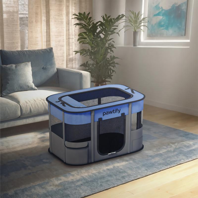 Foldable Dog Playpen for Indoor and Outdoor Use - Portable Pet Pen with Soft Sides, Large Crate for Big, Large Dogs, Cats, Animals - includes Carry Case and Travel Bowl