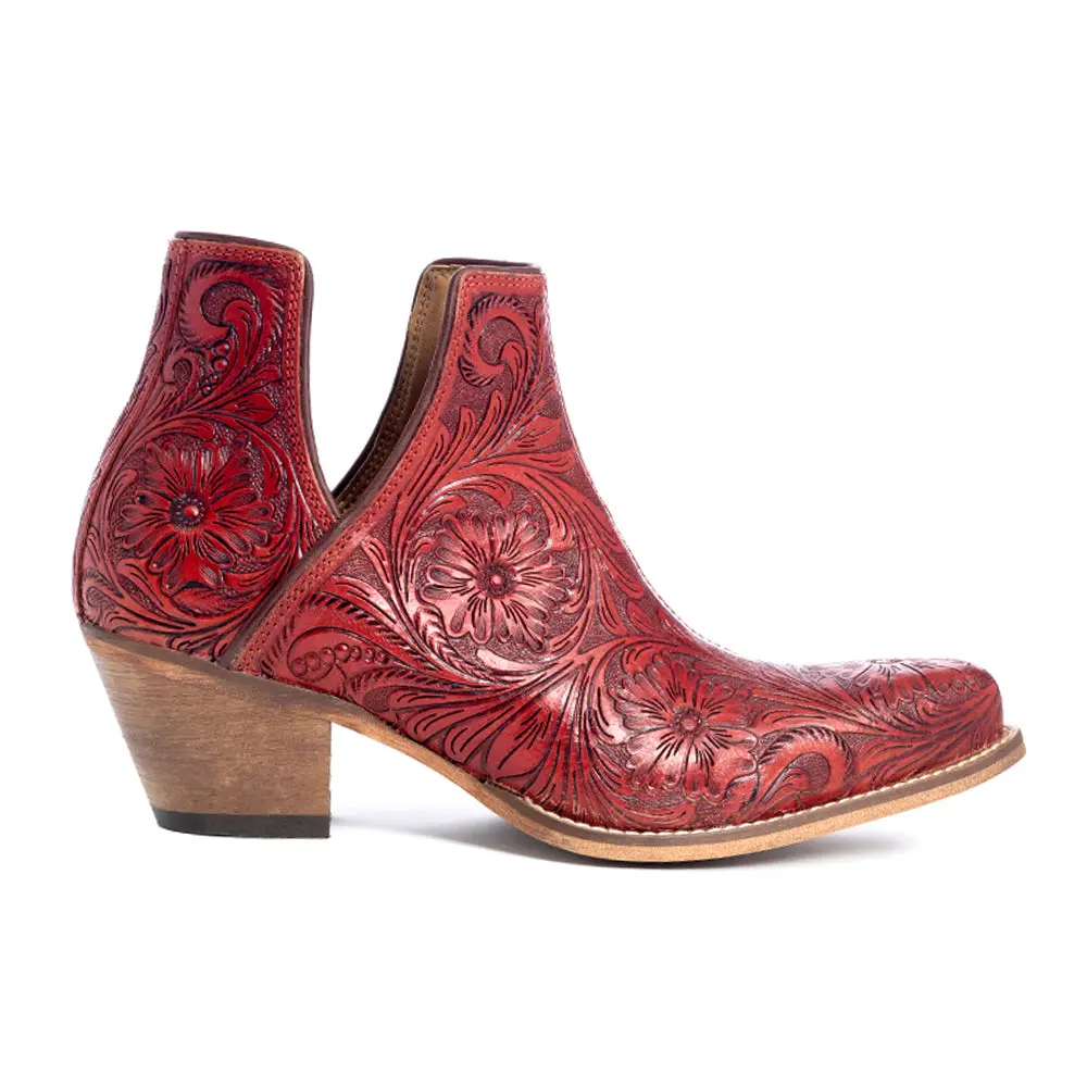Women's Western Genuine Leather Ankle Booties - Snip Toe, Hand-Tooled, Scarlet, Rubber-Soled Moxie Footwear