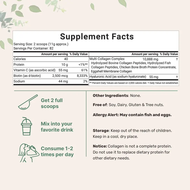 Micro Ingredients Multi Collagen Peptides Powder - Hydrolyzed Protein Peptides (Type I,II,III,V,X) with Hyaluronic Acid, Biotin & Vitamin C Unflavored 3