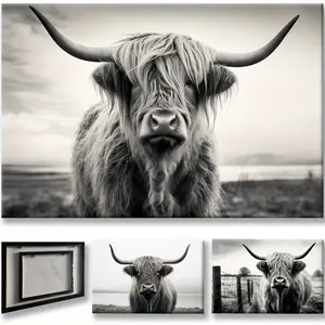 Highland Cow Canvas Wall Art - Black and White Farmhouse Decor - Rustic Animal Photography - Ready to Hang 36x24 Inches