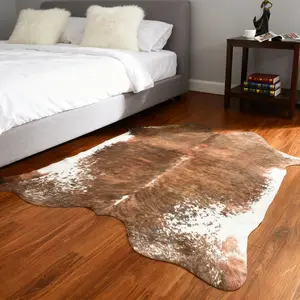 Premium Sturdy Large Size Cow Print Rug, Faux Cowhide Western Decor Carpet, Saddle Brown for Bedroom Living Room