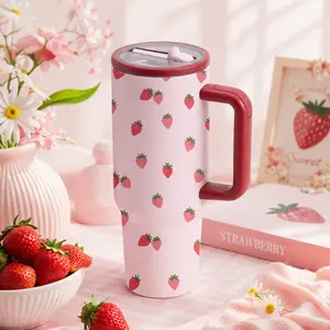 Cute Strawberry Shape Travel Mug, 40oz Stainless Steel Cup with Lid and Straw, Insulated for Ice Coffee, Water, Tea, Perfect Gift for Women