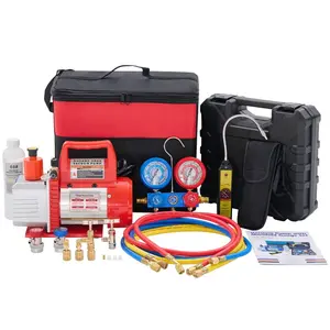 110V 1/3 HP 4CFM Single Stage Vacuum Pump Kit with R134a Manifold Gauge Set, Leak Detector, 1/4" Hoses & Carry Bag for HVAC AC Refrigeration, ETL Listed (Red)