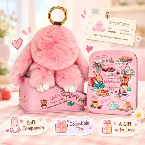 【BunnyLulu】Handmade Soft Pompom Animal Key Ring Accessory with Clip & Collector's Tin - Cute Keychains, Soft Pompom Keychain, Key Holder for Purse, Mini Things for Mini Purse, Stocking Stuffers Gift, Bag Charm & Twillies