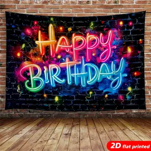 Colorful Neon Happy Birthday Light Tapestry Wall Hanging - Graffiti Brick Wall Glow Design, 2D Flat Printed Backdrop, Birthday Party Photo Booth Decor & Home Room Gift