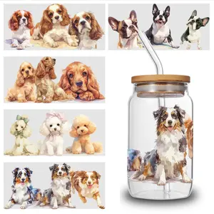 5 Sheets Dog Art UV DTF Stickers Self-Adhesive UV DTF Transfer Stickers - 5pcs for Glass Jars, Bottles, Cups - Permanent Decoration Suitable for DIY Crafts, Wine Bottles, Water Bottles, Tea Cups