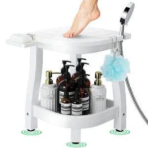HIPS Corner Shower Stool, Waterproof Shower Bench for Inside Shower, Shower Stool for Shaving Legs, Shower Shelf with Storage for Indoor or Outdoor Use