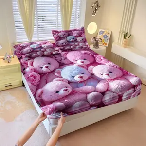 3Pcs Romantic Bear and Pink Roses Fitted Sheet Set, Adorable Pink and Blue Bear Design with Floral Accents, Soft and Cozy Bedding for a Dreamy Bedroom Makeover, Perfect Gift for Loved Ones Includes 2 Pillowcases, No Pillow Core