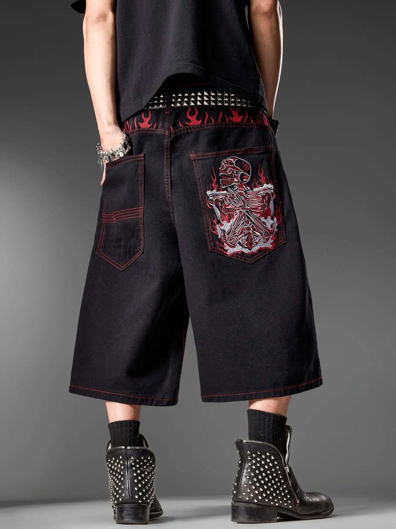 Men's Fashion Jeans, Vintage Dark Flame Skull Embroidery, Loose Fit Wide Leg Pants, Y2K Streetwear, Multiple Sizes Available