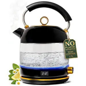 Glass Electric Kettle No Plastic, Stainless Steel, Auto Shut Off and Keep Warm Function - Black and   Kettle with Temperature Control - 1500W  Hot Water Boiler for Coffee and