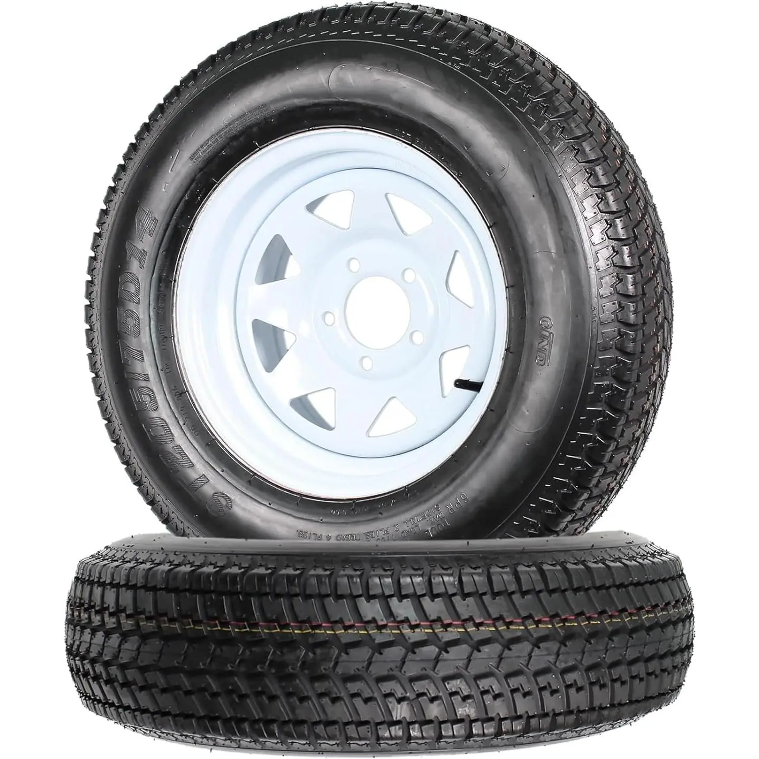 Deep tread 6-layer diagonal trailer tire with wheel rims - a set of 2 ST205/75D14-5 white spoke wheels with protruding ears - suitable for multi-purpose, freight, boat, camper, farm, and landscape trailers with load range C