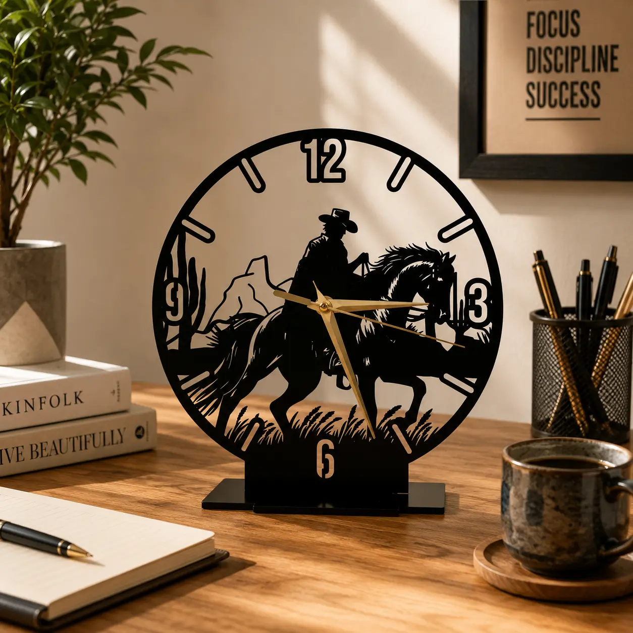 Stainless Steel Horse Silhouette Cowboy Metal Desk Clock - Silent Motion Quartz Table Top Clock, Minimalist Western Decor for Office Home, Horse Lover Gift, 10-12 in