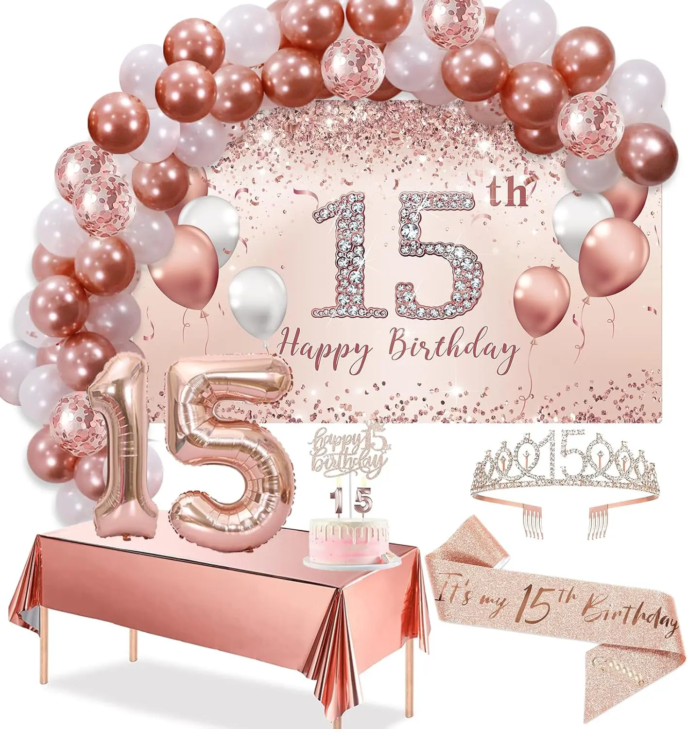 15th Birthday Decorations Set Rose Gold Arch Banner Tablecloth Tiara 60 Pink Gold Balloons Cake Topper Set for Unisex Celebrations - Gifts Supplies Favors Set