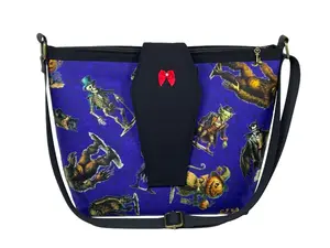 La Luna Blu Handbags Halloween MONSTERS COFFIN FLAP Bag w/Skeleton Key Charm - Purple Victorian Halloween Cryptids Imps Goblins Demons Black Cats Pumpkinhead Sasquatch