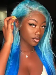 Gradual Deep Blue Lace Front Wig Long Straight Hair High Temperature Silk Cap Smooth, Synthetic Fiber Natural Look, Daily Wear & Party Use