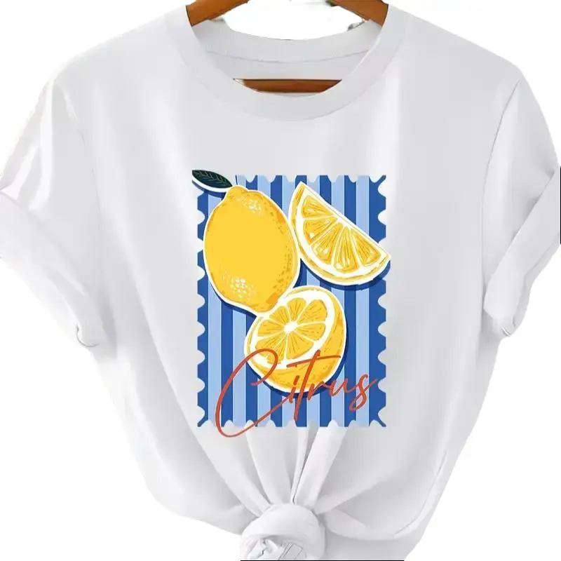 [100% Cotton]Women's Summer Vacation Blue Striped Stamp Style Lemon Citrus Print T-Shirt