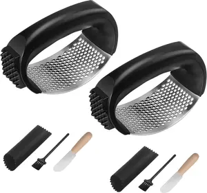 Innovative Double Pack 2-Piece Stainless Steel Garlic Press Rocker Set with Peeler Scrapers & Brushes for Quick Efficient Crushing and mincing in Durable Kitchen Tool
