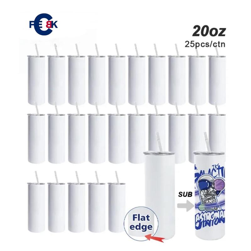 FECBK 25-Pack 20oz Skinny Tumbler with Flat Edge & Straw | 304 Food-Grade Stainless Steel Sublimation Blank Cup for Custom Iced Coffee, Juice & Sparkling Water | Large Capacity Party Drinkware Set