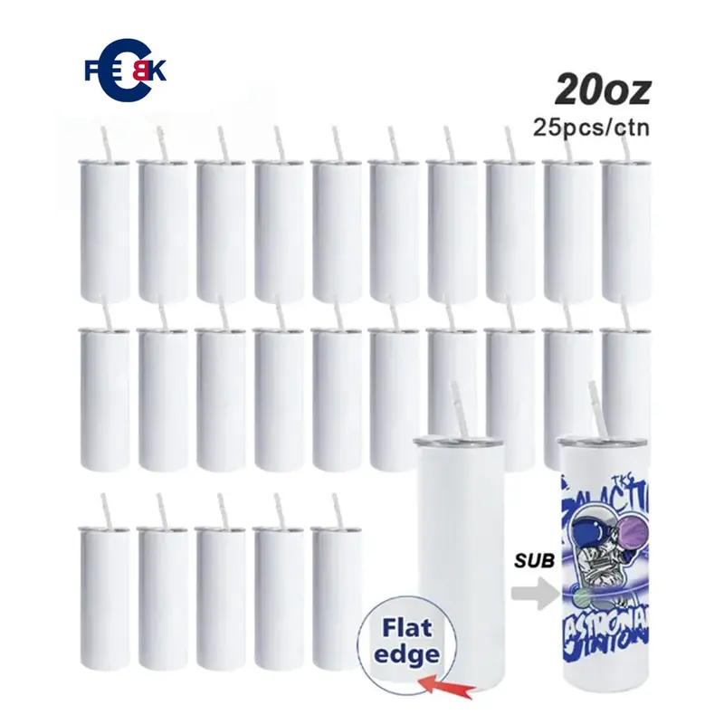 FECBK 25-Pack 20oz Skinny Tumbler with Flat Edge & Straw | 304 Food-Grade Stainless Steel Sublimation Blank Cup for Custom Iced Coffee, Juice & Sparkling Water | Large Capacity Party Drinkware Set