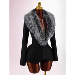 Women's Y2K Fall Winter Jumpsuit Going Out Tops Furry Collar Splicing Deep V Neck Long Sleeve Romper Elegance