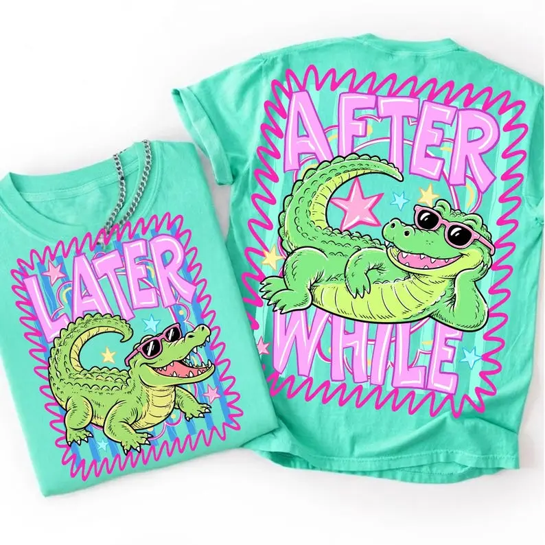 Comfort Colors Later While Crocodile Shirt, Funny Alligator Graphic Tee, Girly Summer Outfit, Cute Cartoon Animal Top, TikTok Trend Tee, Fabric, Shortsleeve, Casual, Statement, Fitted, Chic
