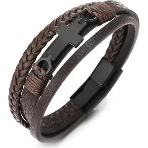 Cross Leather Braided Bracelet Cross Charm Bangle Multilayer Braided Wristband Boho Style Magnetic for Daily Use Gift To Him Modern Fashion Accessories
