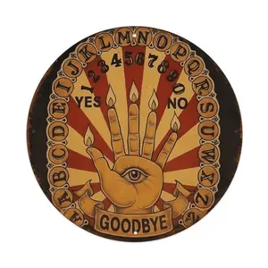 20cm Round Vintage Ouija Board Hamsa Hand Aluminum Metal Sign, Retro Occult Spirit Board Tin Sign, 0.6mm Thick Wall Decor for Gothic, Witchy, or Paranormal Spaces, Pre-Drilled Holes for Easy Hanging