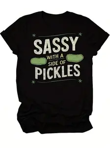 Women's Sassy with a Side of Pickles Round Neck Graphic Tee, Vintage Trendy Casual Short Sleeve T-shirt for Daily Wear, Ladies Summer Outfit, Top
