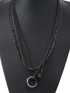 3 Piece Set Punk Style Tiered Chain Fashion Matching Necklace, Fashion Jewelry Accessories, Alloy Pendant Jewelry Series, Multi-Layered Round Ring Design, Street Style Accessory